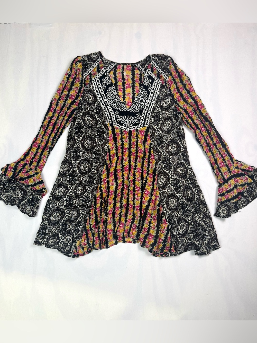 Free People Fallin Into You Tunic Floral Boho Embroidered Bell Sleeve Small